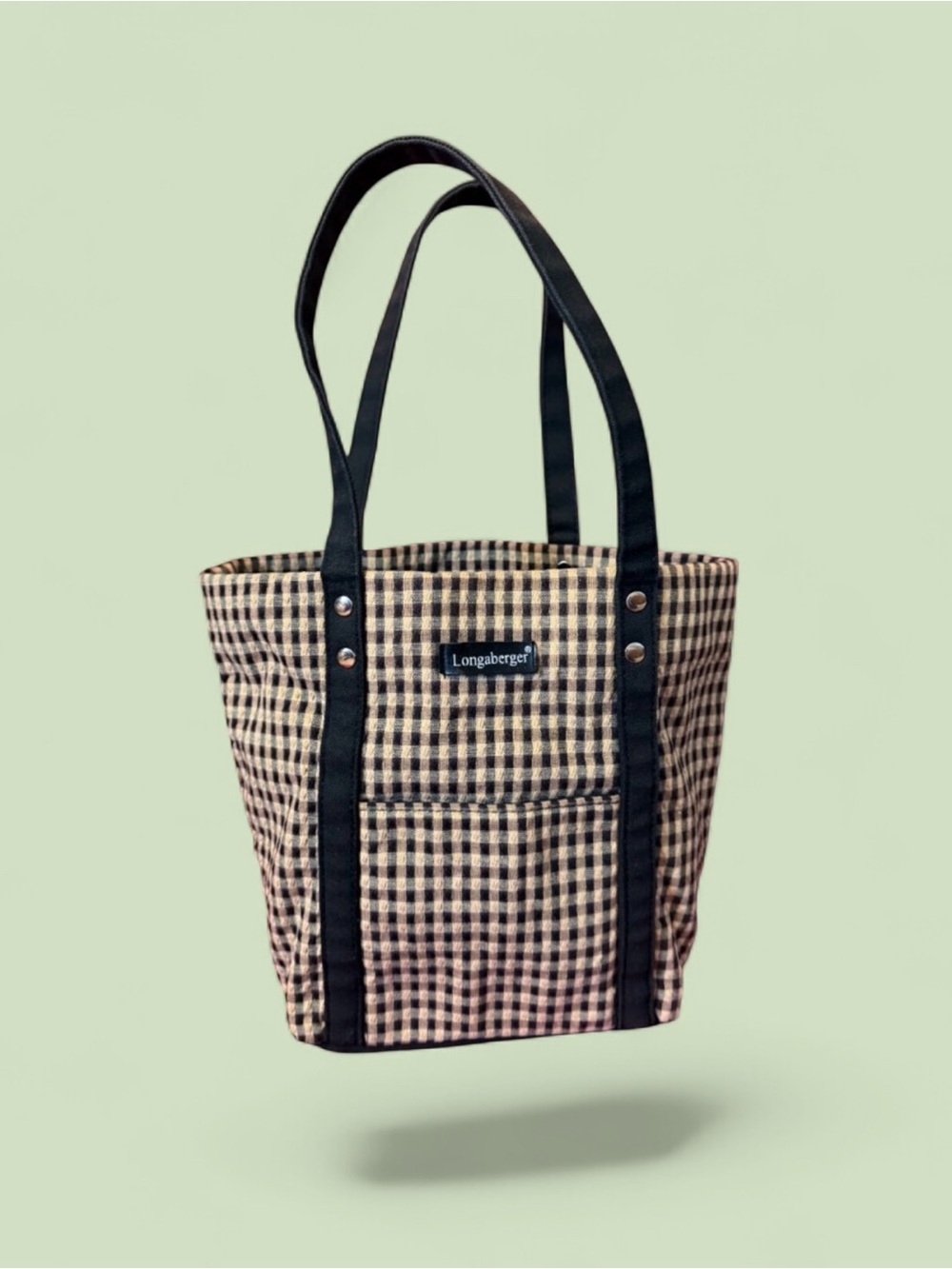 Longaberger Homestead Small Tan & Black Checkered Cotton Fabric Tote Bag.